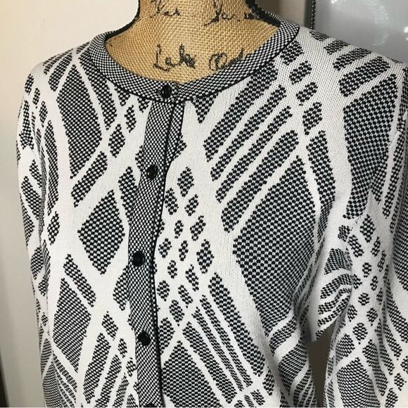 Ann Taylor Cardigan Sweater Womens Size Large Black White Viscose Blend Buttons - Picture 4 of 8